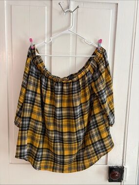 3/$20 Off-Shoulder Plaid Blouse in Mustard Yellow